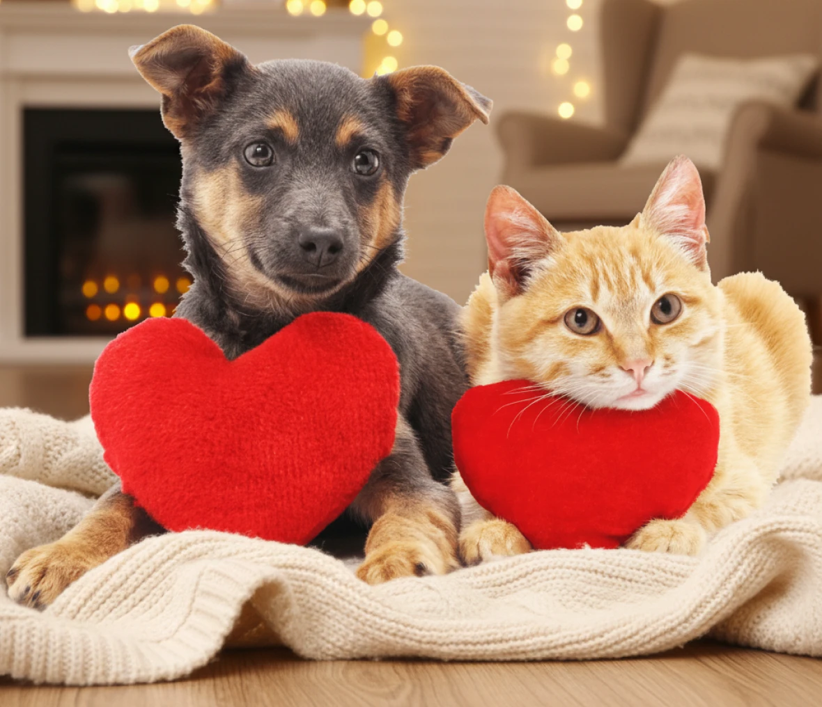Cute pets holding heart-shaped cushions