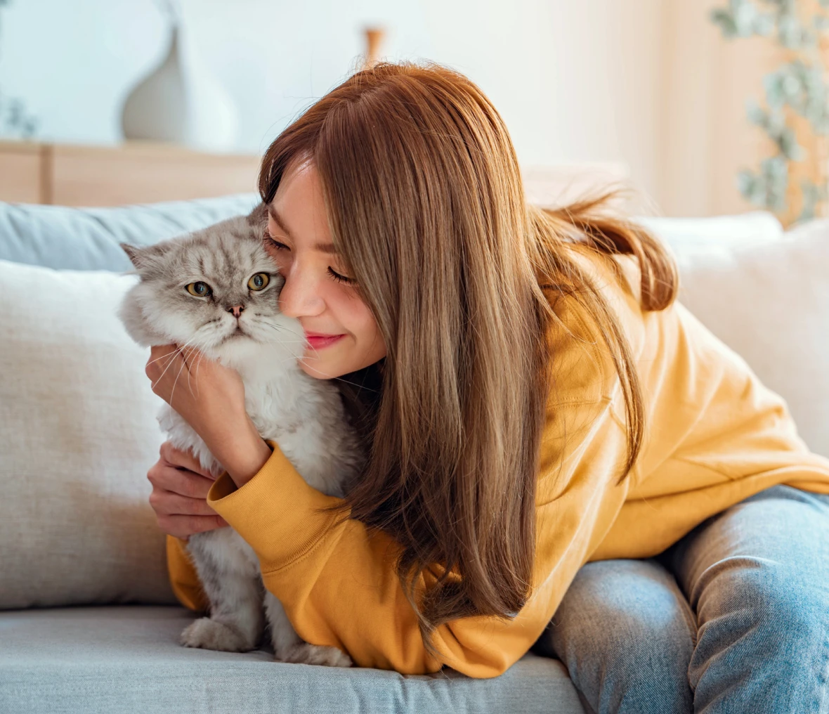 Cozy moment with woman and cat