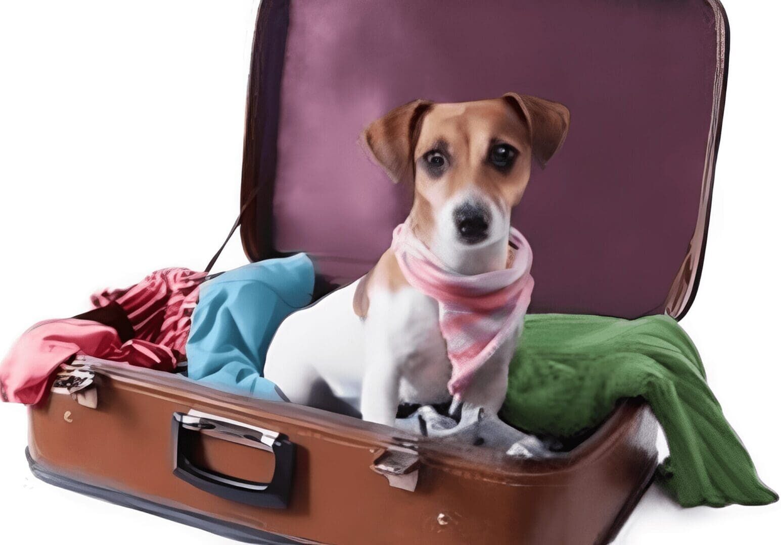 Cute dog packed in travel luggage